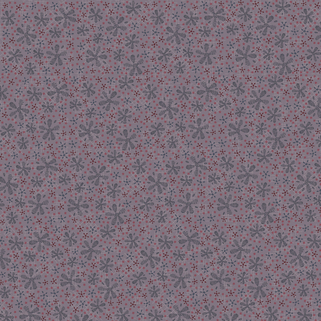 Corner of the Woods 80710-13 - Flower Path - lavender cotton fabric with blue and pink  flowers scattered over