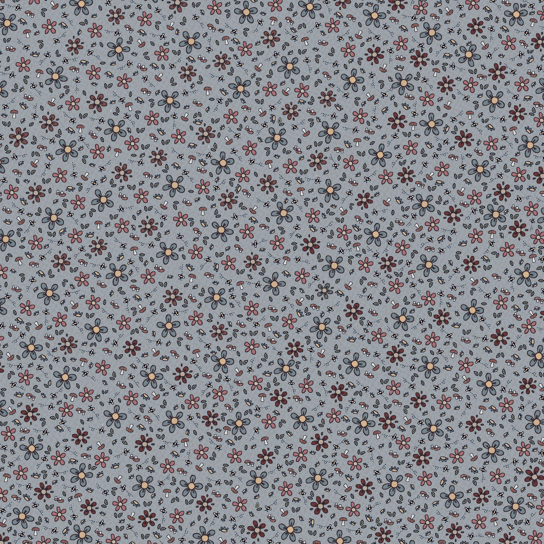 Corner of the Woods 80710-23 - Wildflowers - little blue cotton fabric with blue, lavender, and red daisies, mushrooms, and bees scattered over