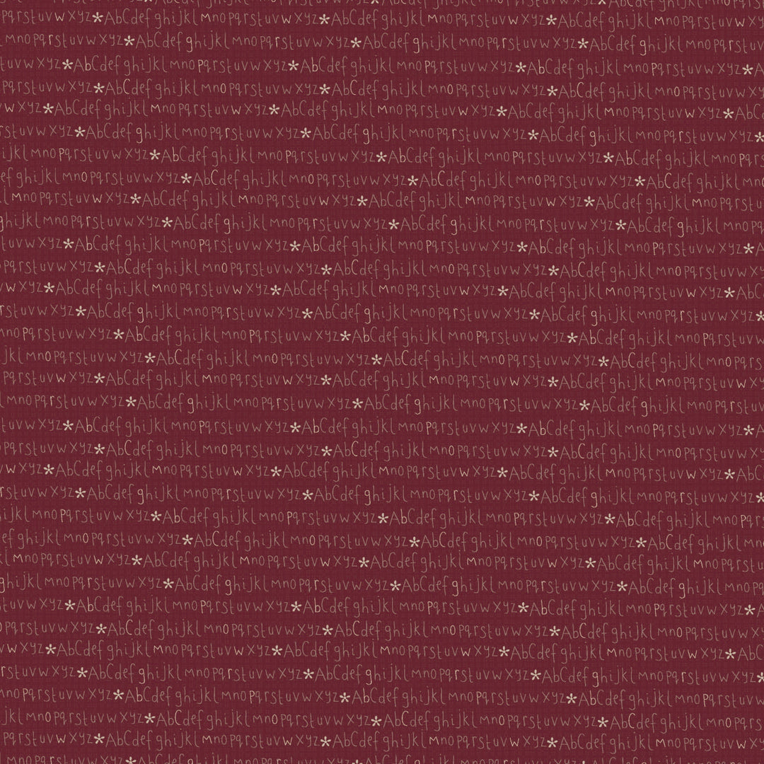 Corner of the Woods 80710-5 - Alphabet - cranberry cotton fabric with white alphabet letters separated by tiny white daisies