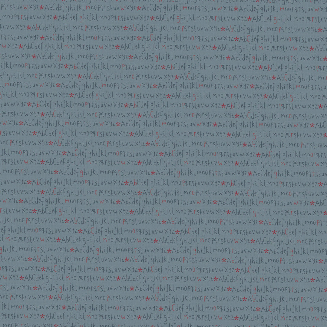 Corner of the Woods 80710-5 - Alphabet - gray blue cotton fabric with blue alphabet letters separated by tiny red daisies
