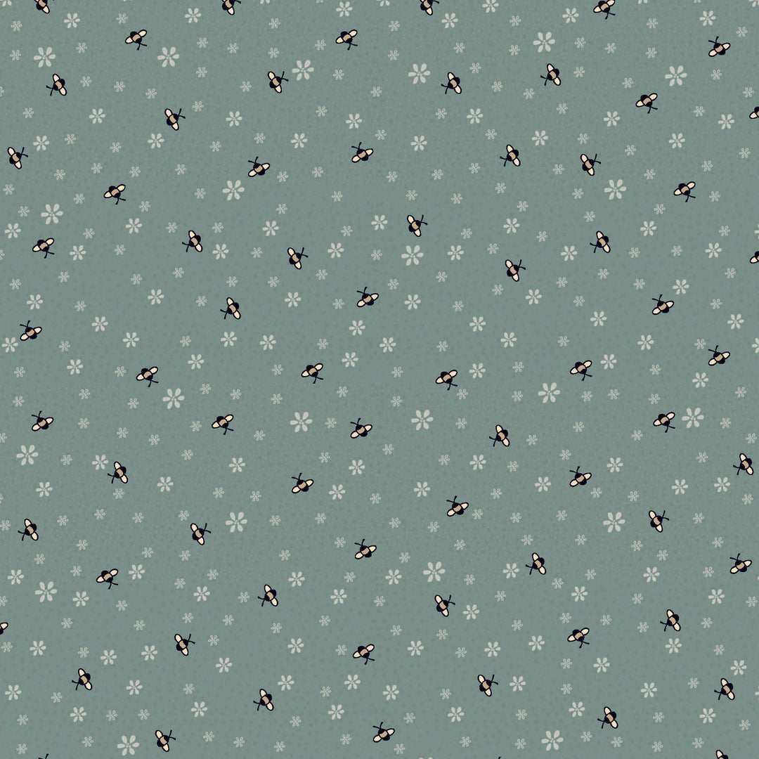 Corner of the Woods 80710-7 - Busy Bees Fat Quarter - teale cotton fabric with tiny bees and flowers scattered over
