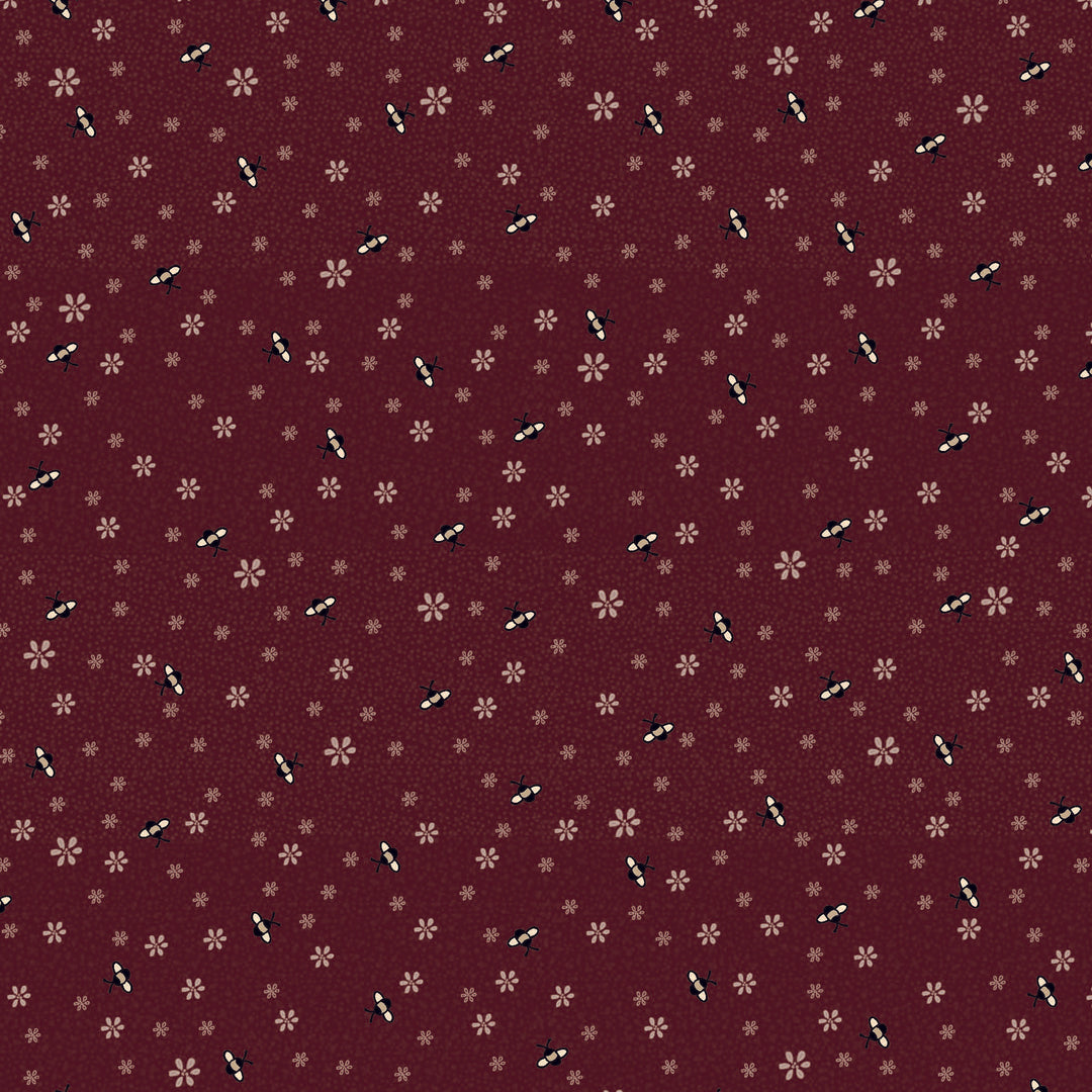 Corner of the Woods 80710-8 - Busy Bees Fat Quarter - dark red/brown cotton fabric with tiny bees and flowers scattered over