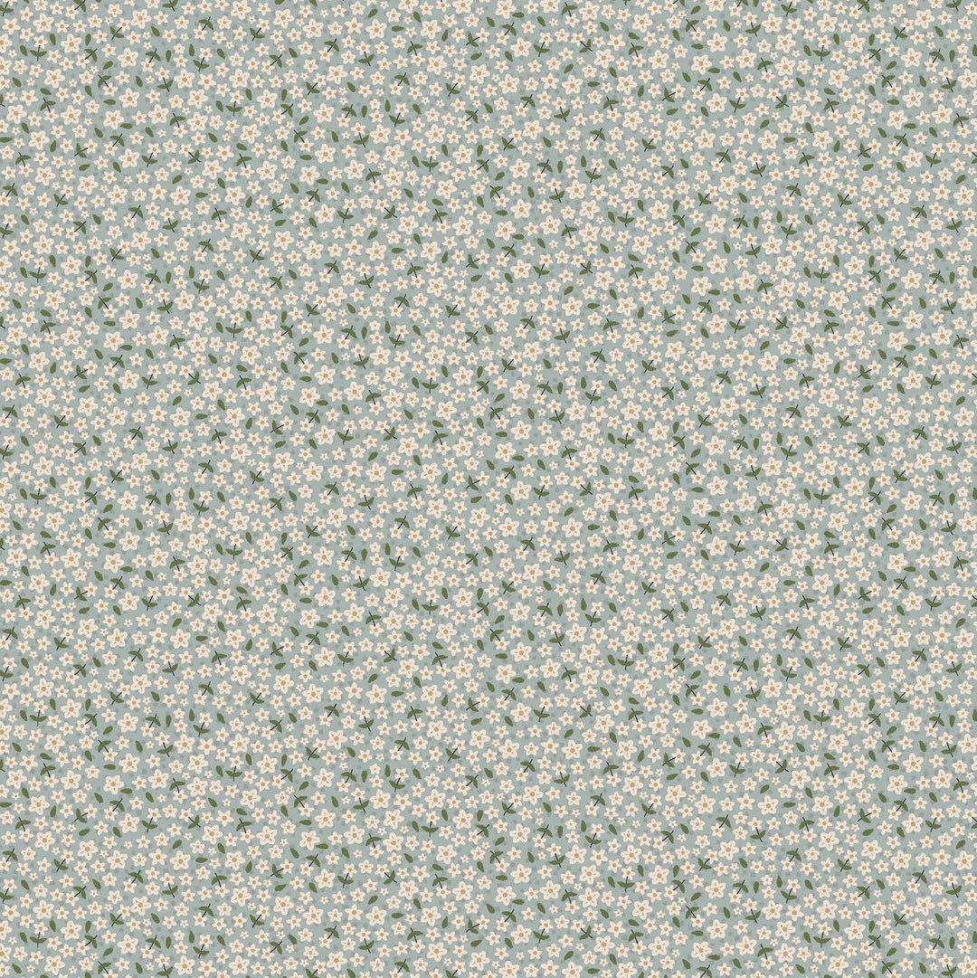Garden Of Flowers 80870-12 - light blue cotton fabric with tiny white flowers and leaves