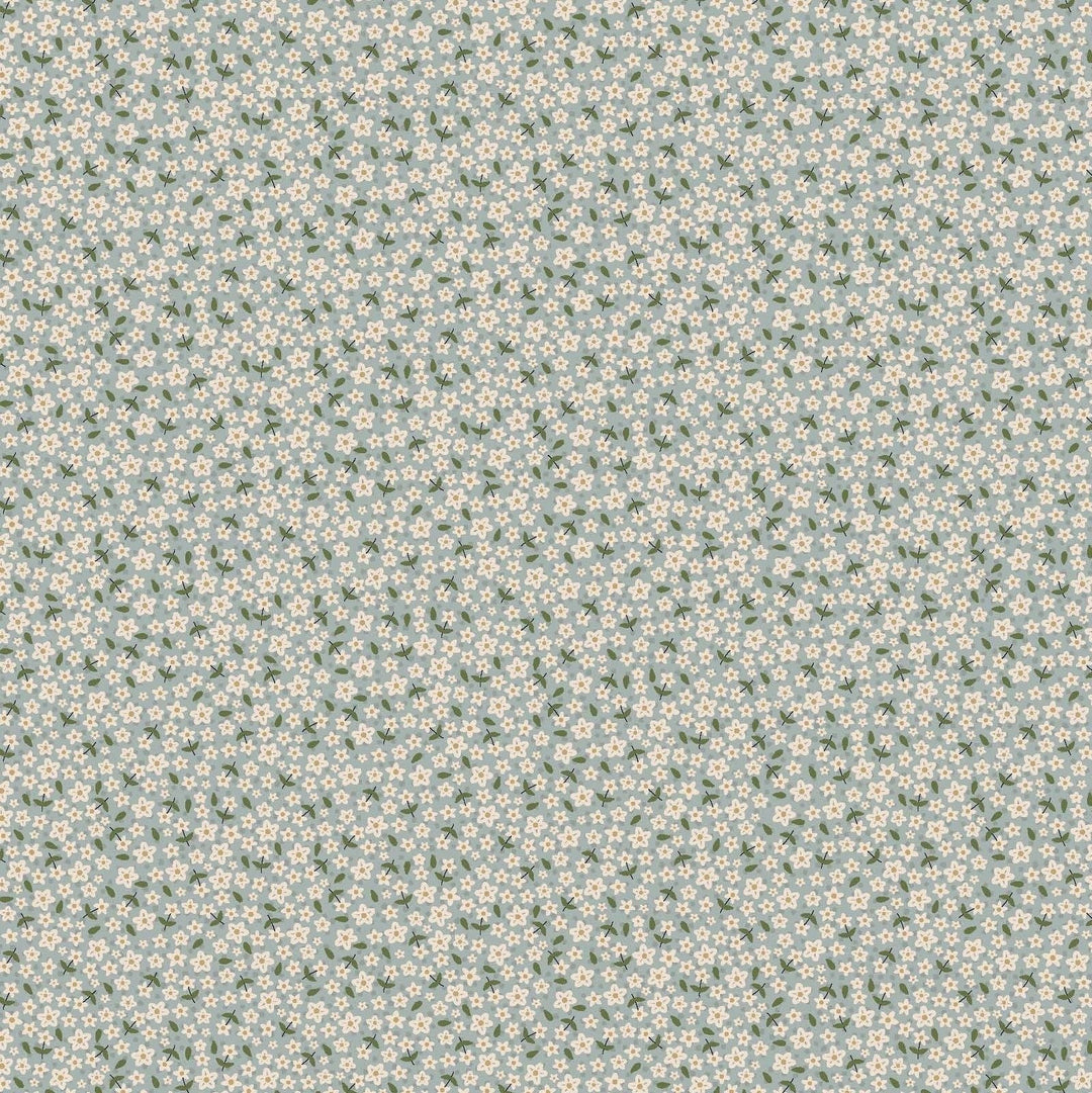 Garden Of Flowers 80870-12 - light blue cotton fabric with tiny white flowers and leaves