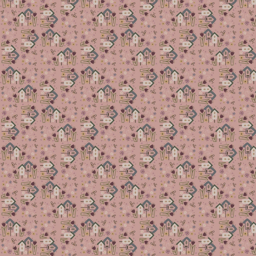 Garden OF Flowers 80870-4 - pink cotton fabric with tiny birdhouses and flowers