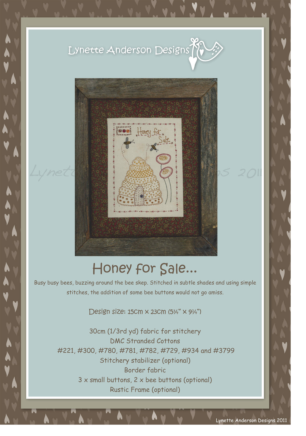 Honey For Sale Stitchery by Lynette Anderson Pattern Back