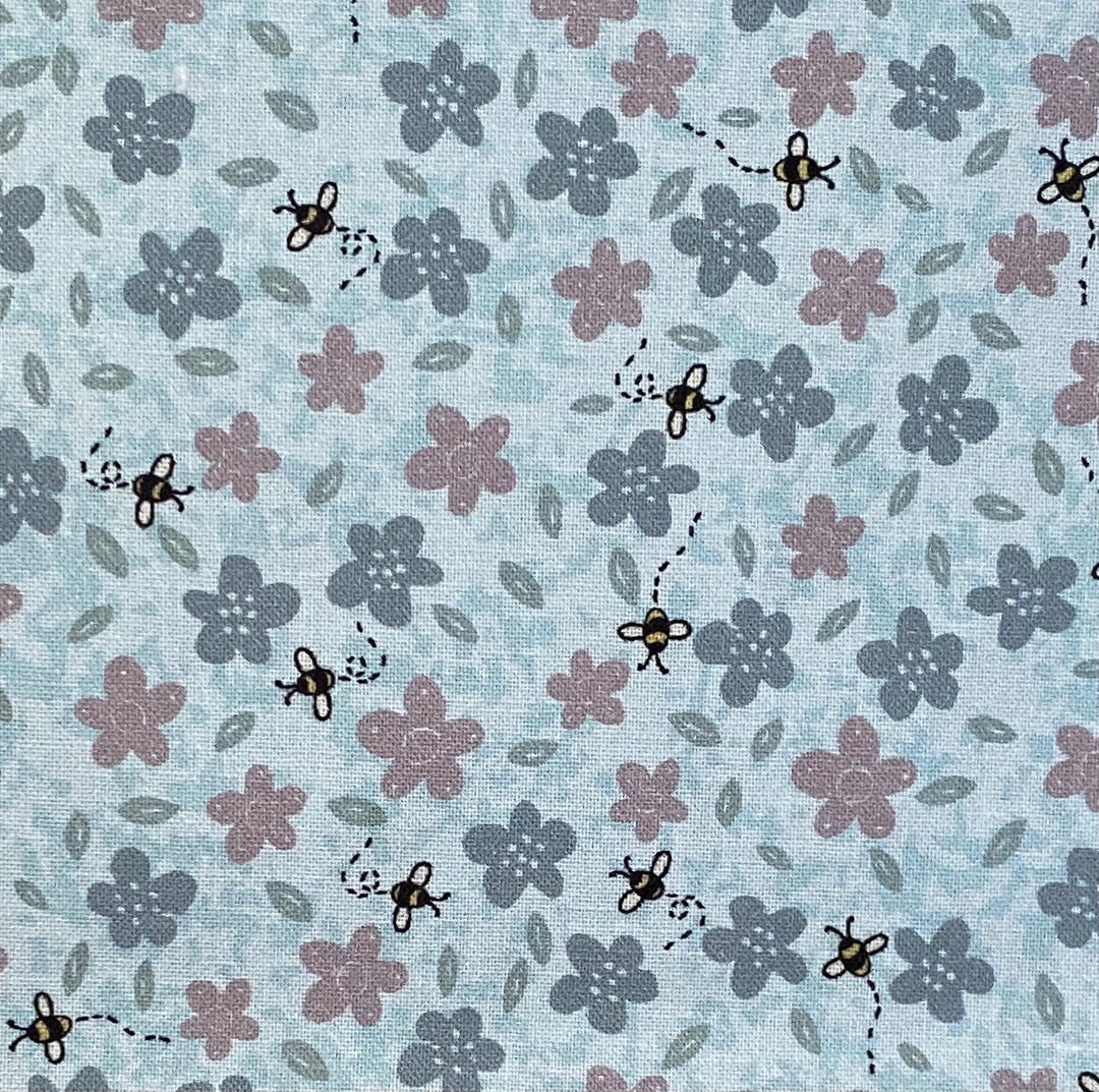 Sunshine After the Rain - 80530-11 - light blue cotton with blue and mauve daisies, blue leaves, and bees