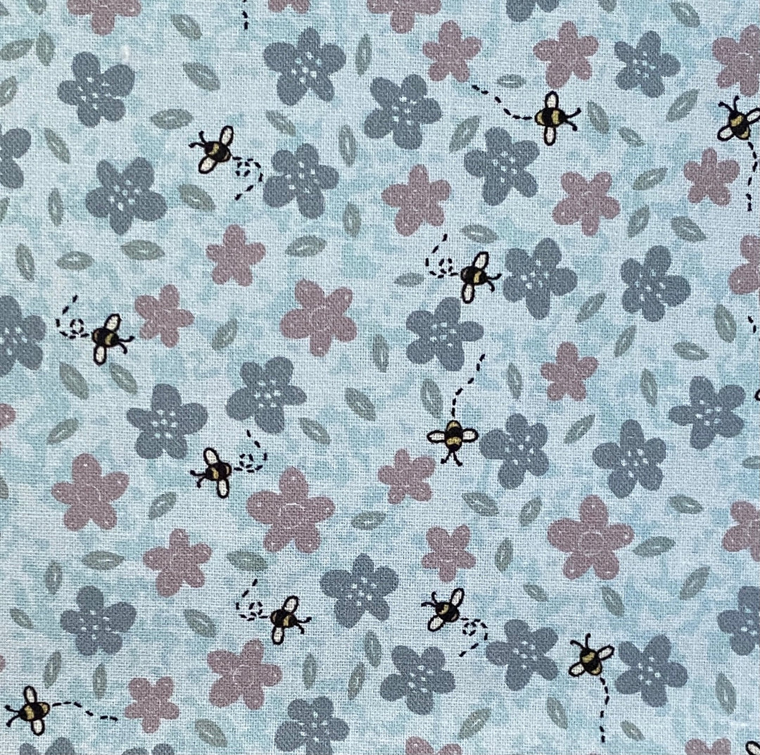 Sunshine After the Rain - 80530-11 - light blue cotton with blue and mauve daisies, blue leaves, and bees
