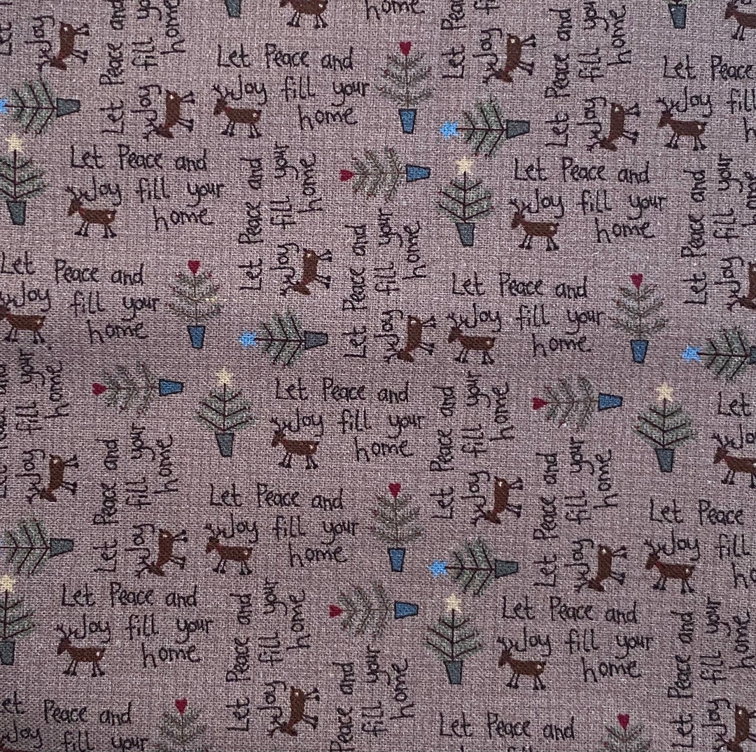 Peace and Joy 80620-11 - pink cotton fabric with tiny "Let Peace and Joy fill your home", reindeer, and Christmas trees