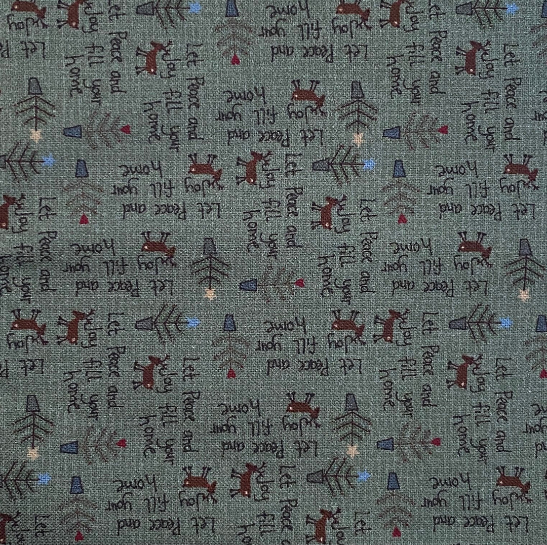 Peace and Joy 80620-13 - green cotton fabric with tiny "Let Peace and Joy fill your home", reindeer, and Christmas trees