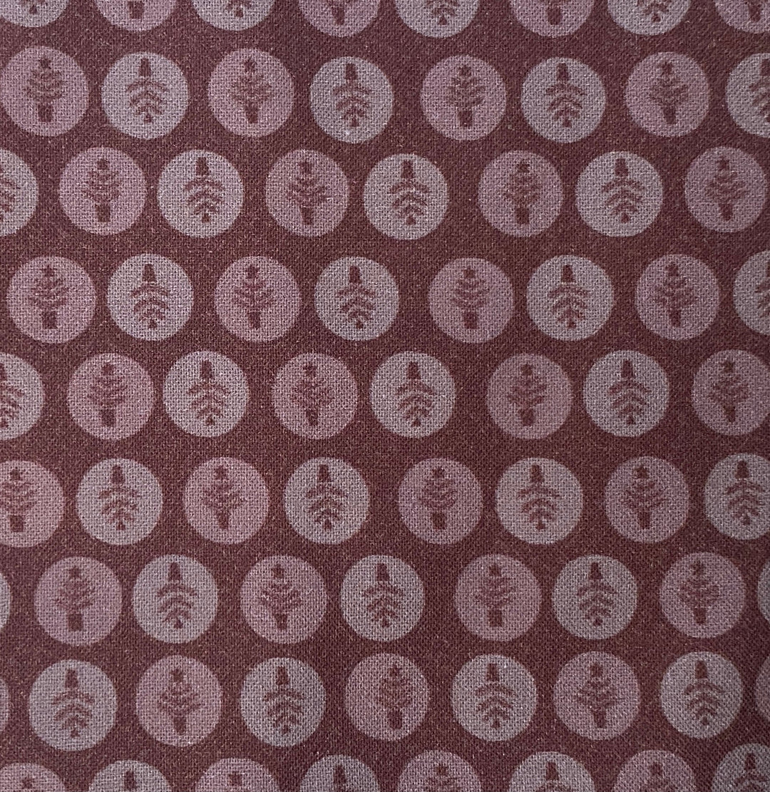 Peace and Joy 80620-14 Potted Trees - burgundy cotton fabric with tone-on-tone tiny trees in circles