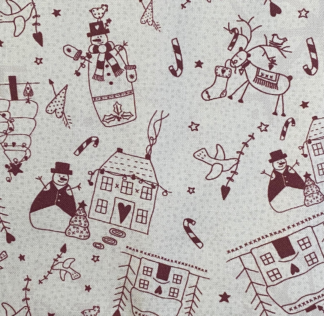 Peace and Joy 80620-3 - Gray cotton fabric with houses, Christmas trees, reindeer, and snowmen in burgundy