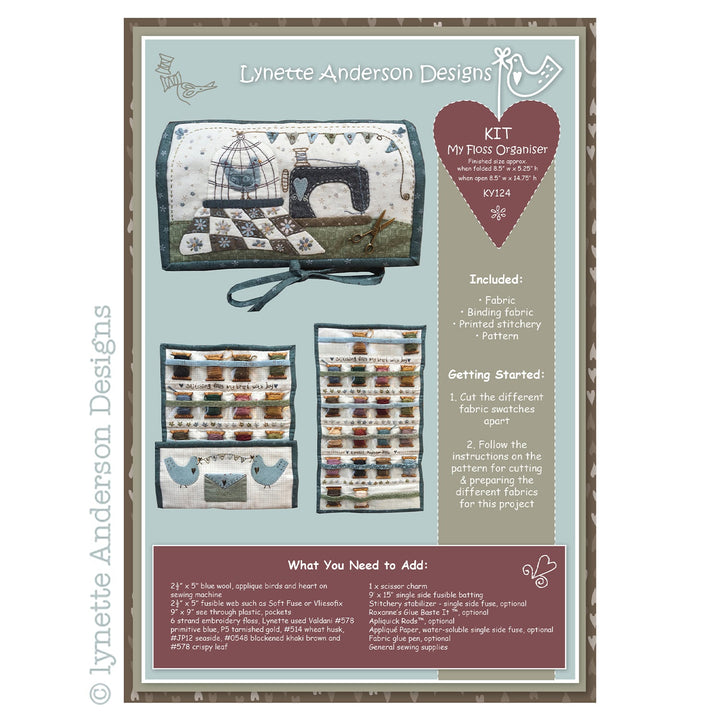 Product kit for 'My Floss Organiser Panel Kit' by Lynette Anderson Designs, featuring the finished organizer with pockets for floss storage and an envelope for needle packets, along with the materials and instructions required for the project.