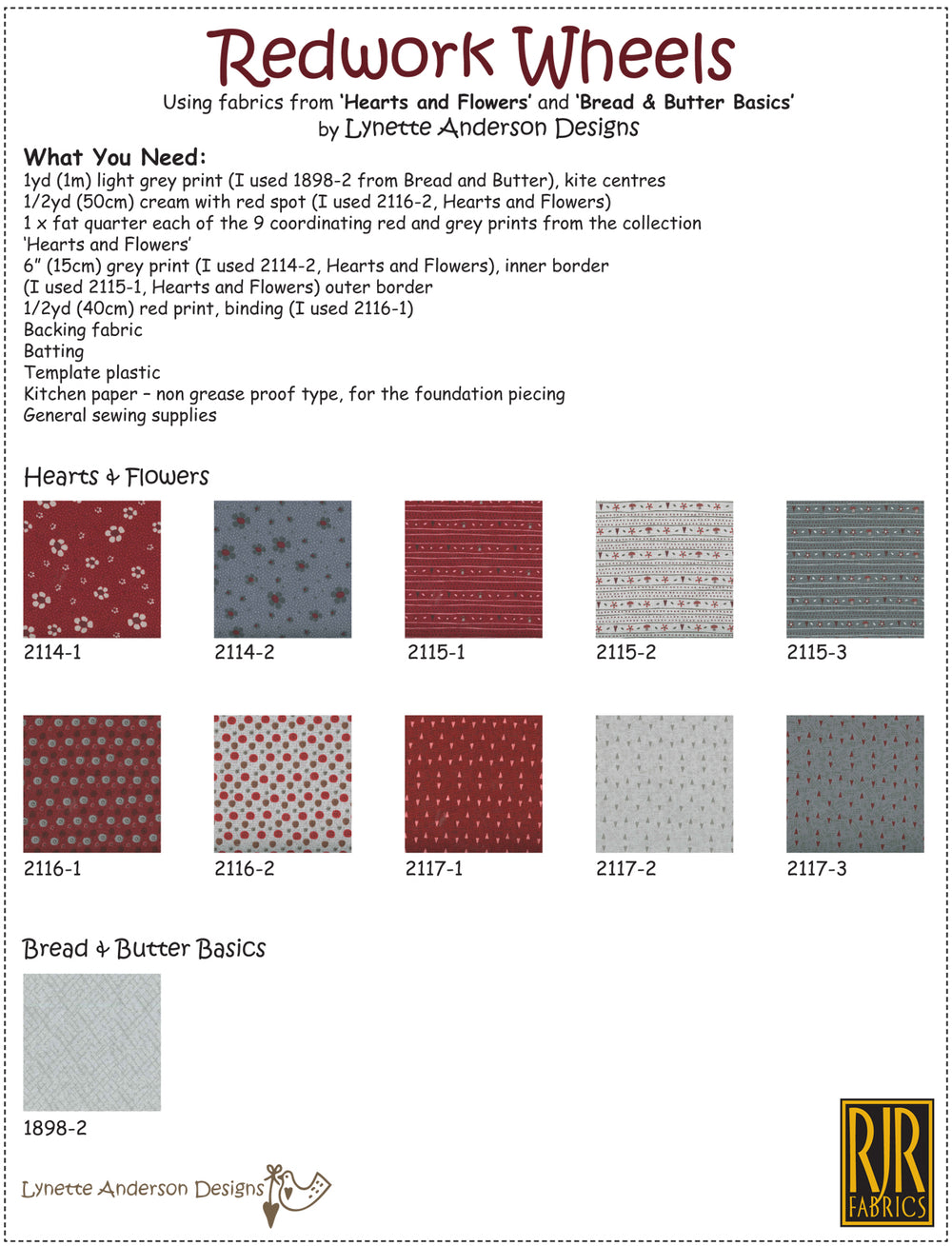 Redwork Wheels by Lynette Anderson Fabric Requirements
