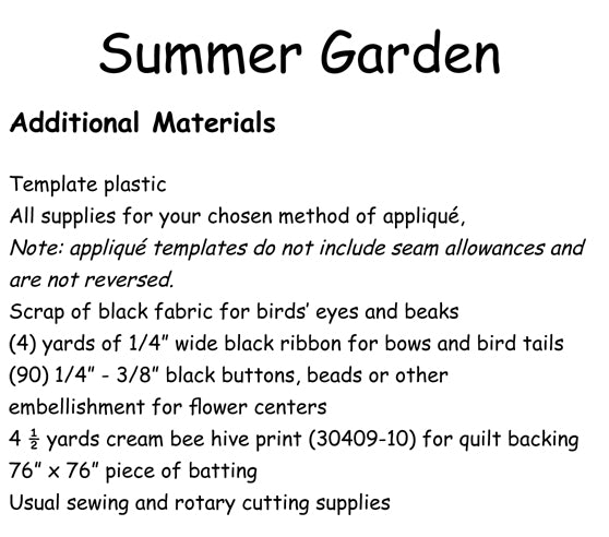 Summer Garden Quilt by Lynette Anderson Material Requirements