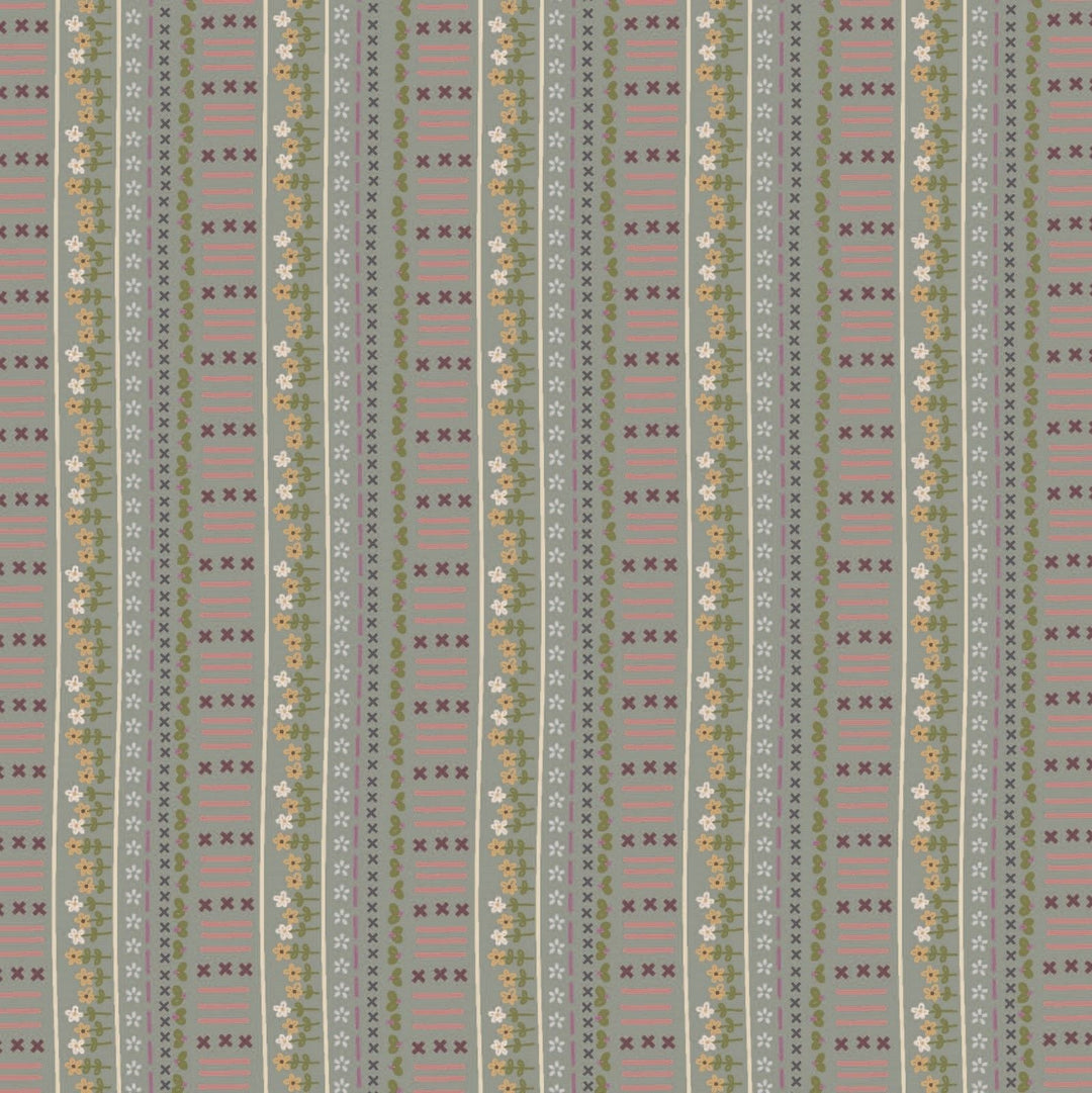 Garden Of Flowers 80870-13 - cotton fabric border stripe with flowers and stitches