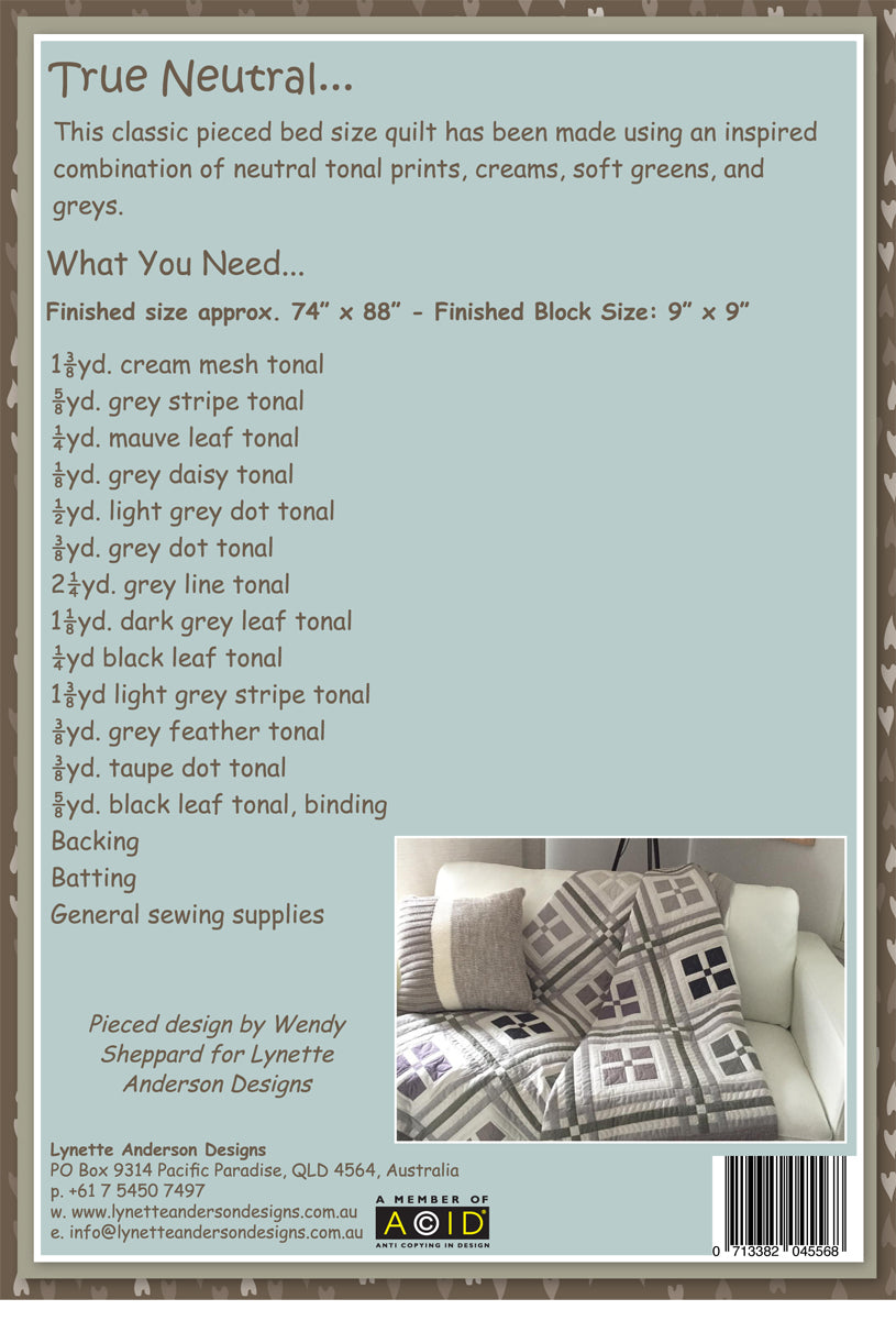 True Neutral Quilt by Lynette Anderson Pattern Back
