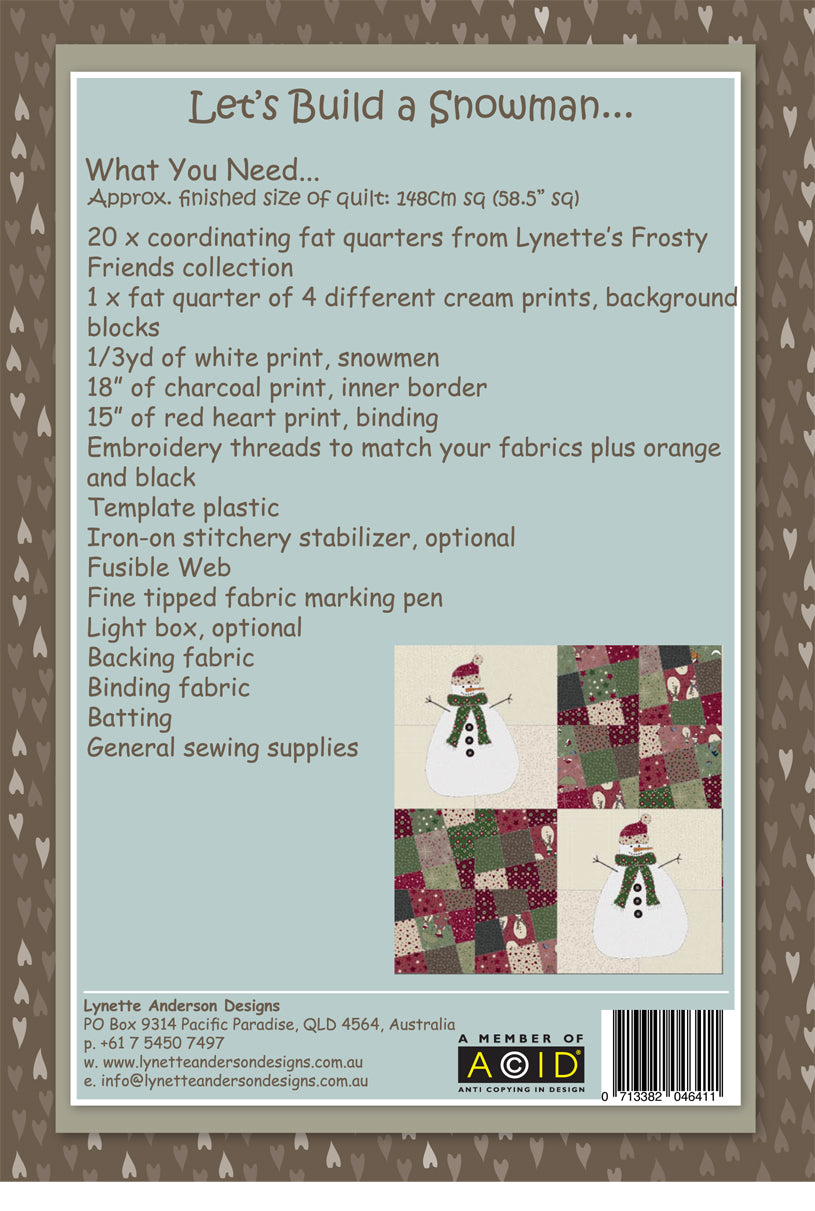 Let's Build a Snowman Quilt by Lynette Anderson Pattern Back