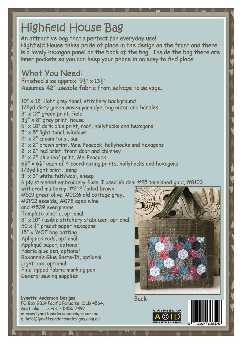 Highfield House Bag by Lynette Anderson Pattern Back