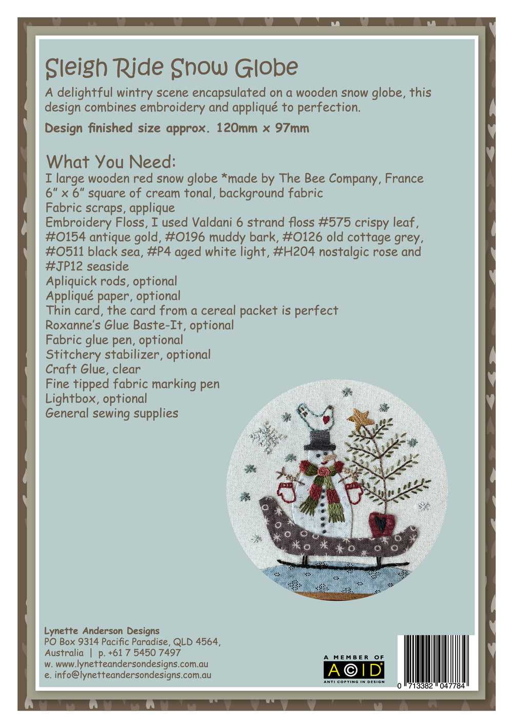 Sleigh Ride Snow Globe by Lynette Anderson Pattern Back