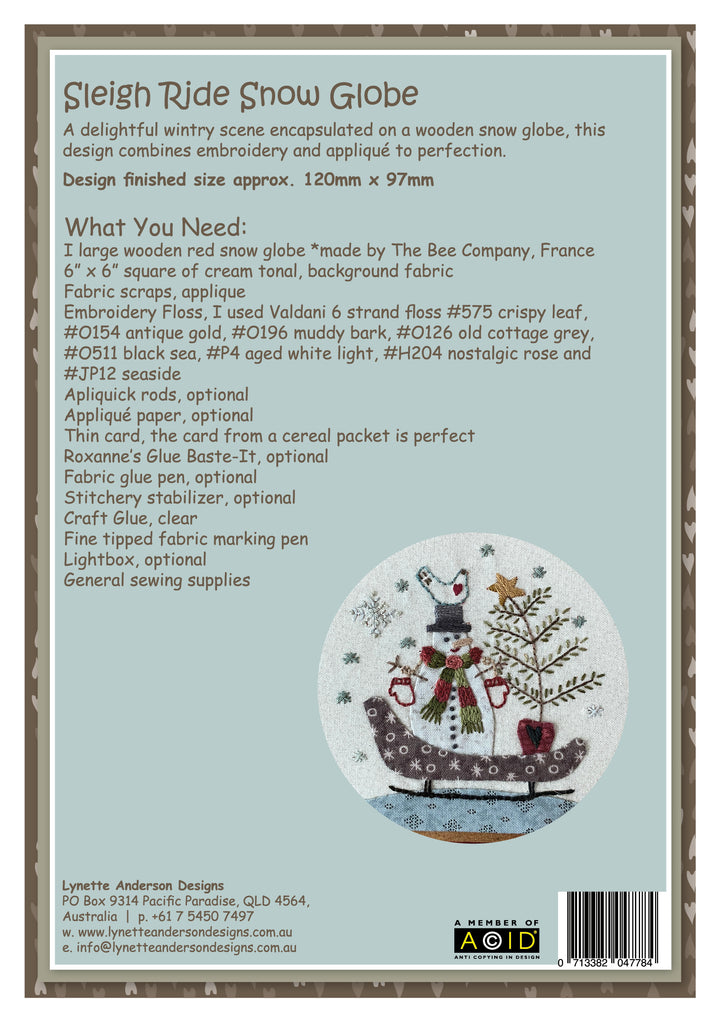 Sleigh Ride Snow Globe by Lynette Anderson Pattern Back