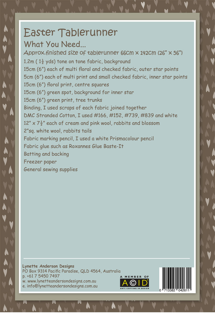 Easter Tablerunner by Lynette Anderson Pattern Back