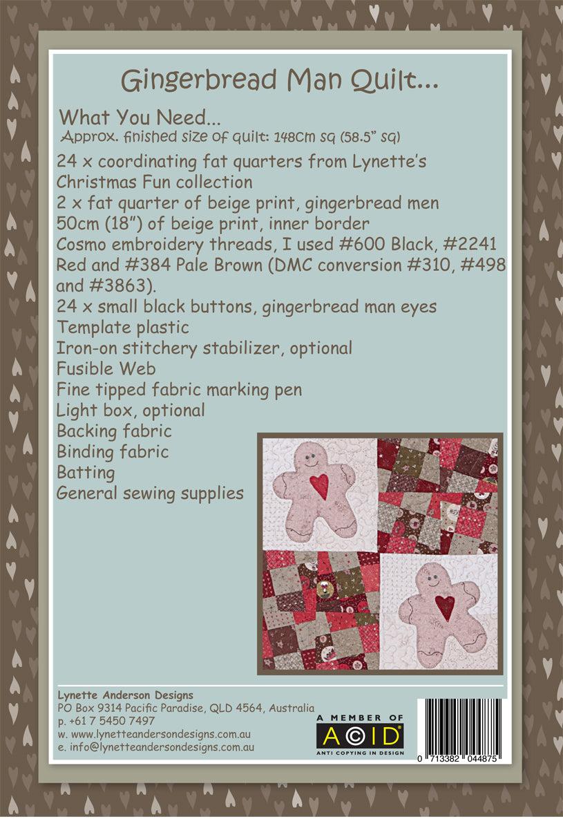 Gingerbread Man Quilt by Lynette Anderson Pattern Back