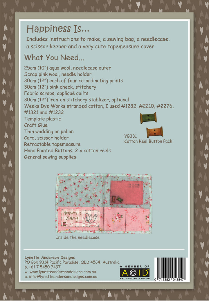 Happiness Is Bag, Needle case, Tape measure cover, and scissor case by Lynette Anderson Pattern Back