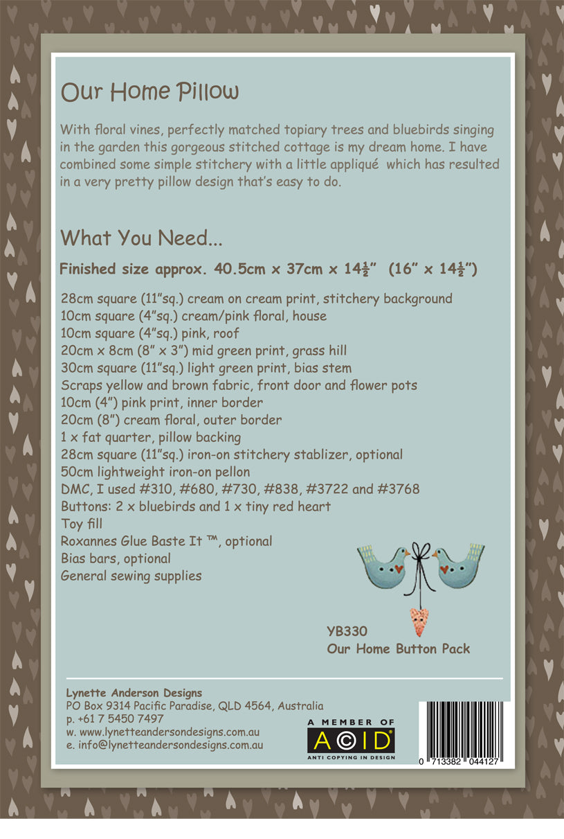 Our Home Pillow by Lynette Anderson Pattern Back