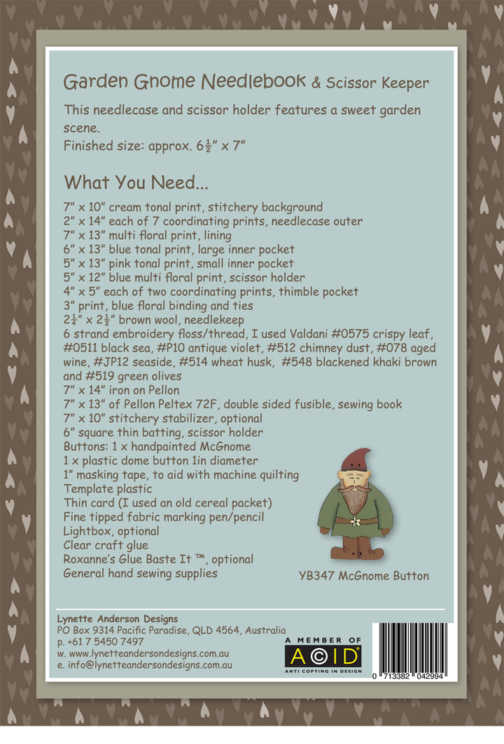 Garden Gnome Needlecase and Scissor Keeper by Lynette Anderson Pattern Back