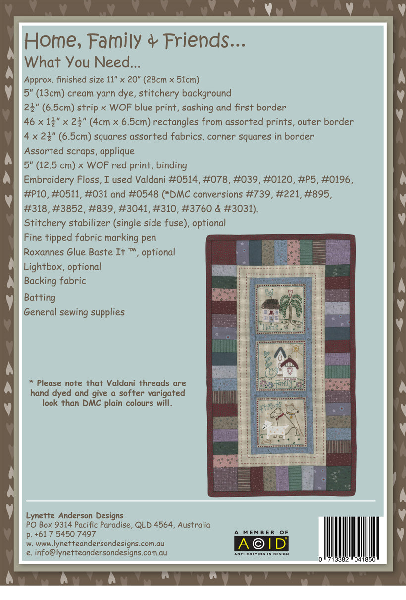 Home, Family and Friends Mini Quilts by Lynette Anderson Pattern Back