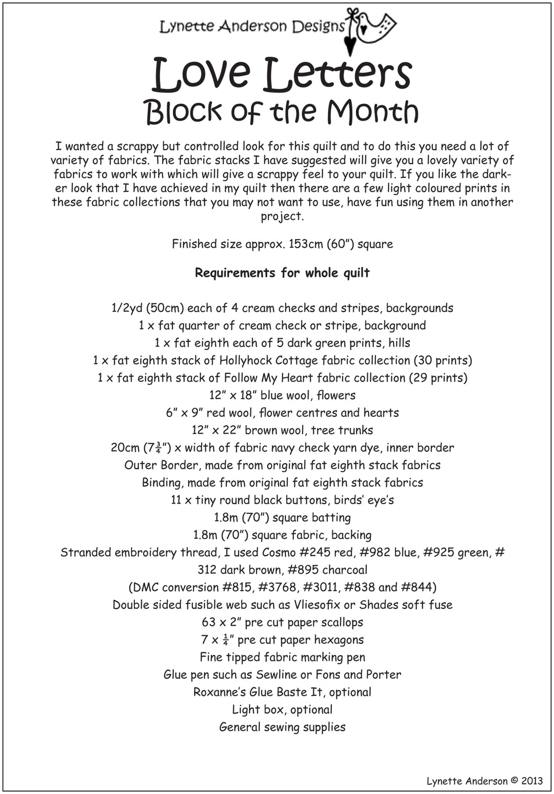 Love Letters Quilt by Lynette Anderson Project Requirements