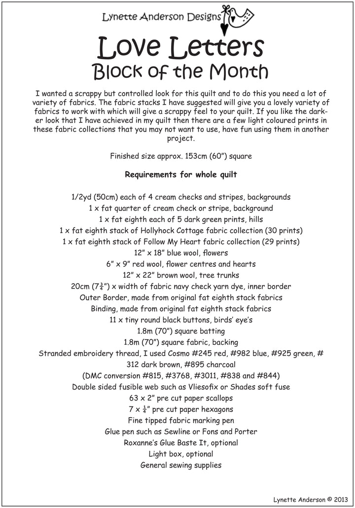 Love Letters Quilt by Lynette Anderson Project Requirements