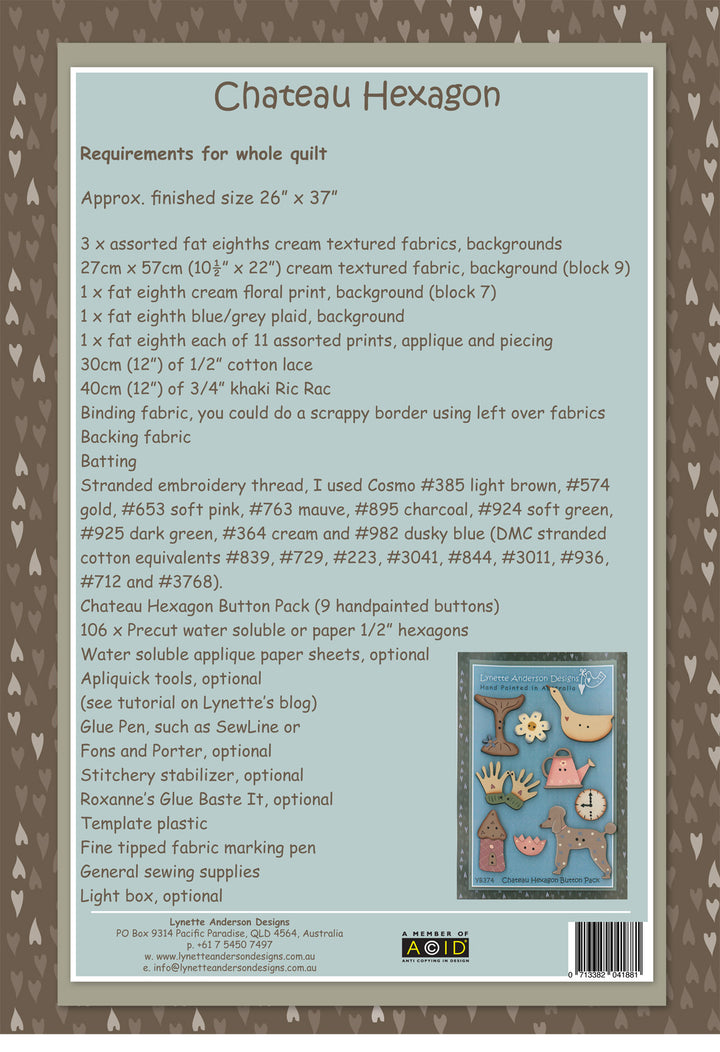 Chateau Hexagon Wall Hanging by Lynette Anderson Pattern Back
