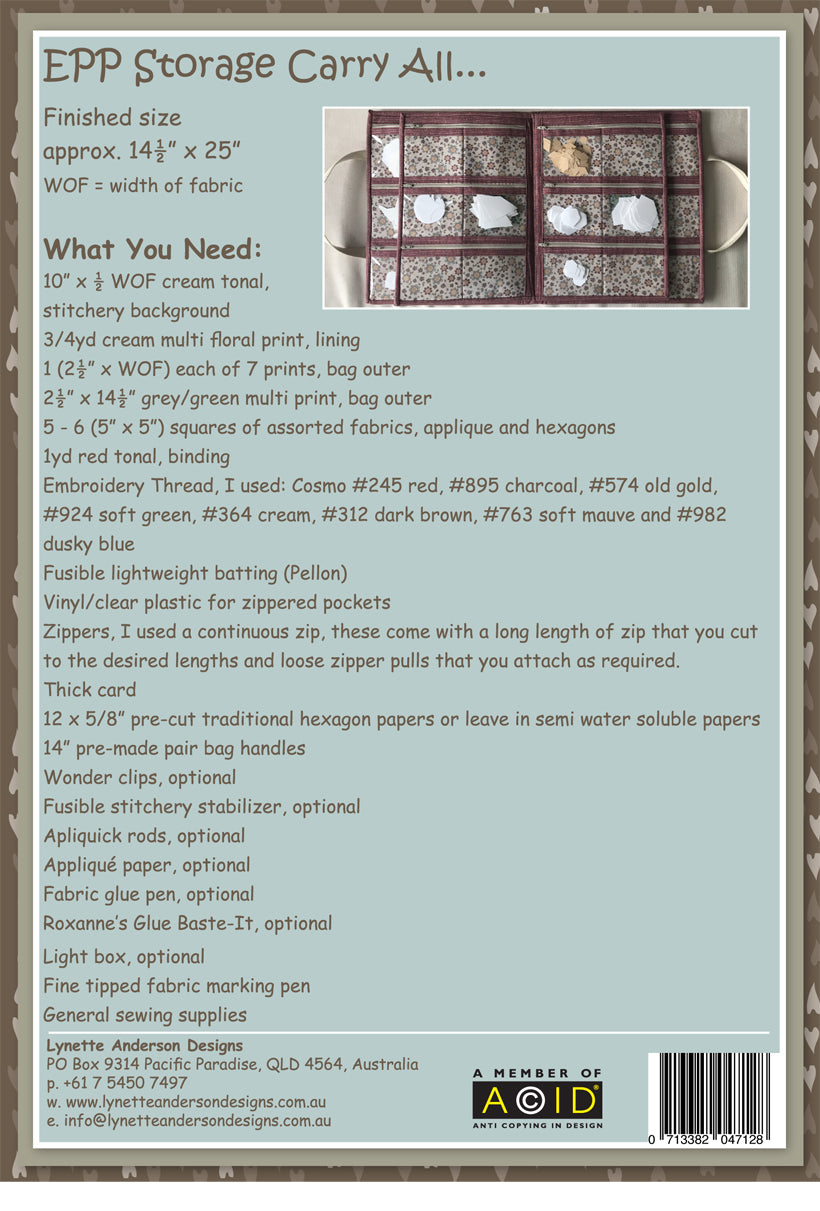EPP Storage Carry-all Bag by Lynette Anderson Pattern Back