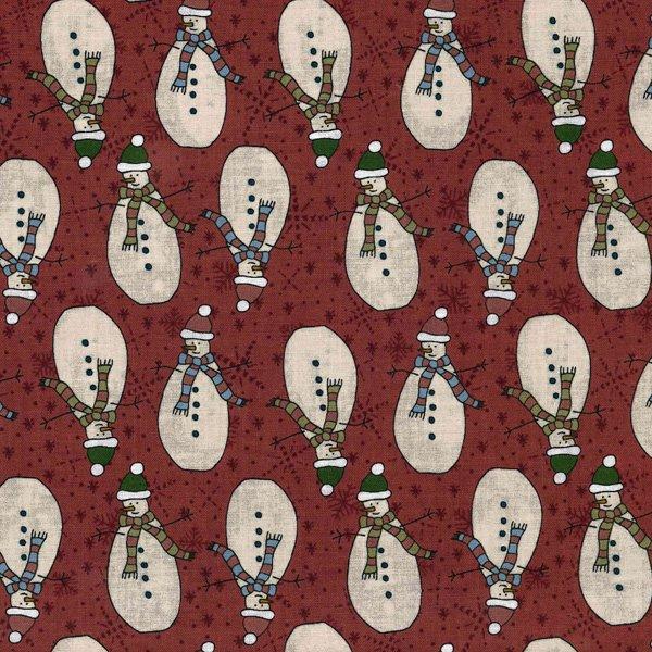 Frosty Friends - 3101-001 - dark red cotton fabric with white snowmen scattered over