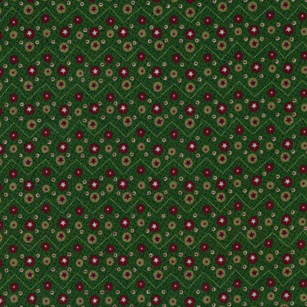 Frosty Friends - Merry & Bright - Holly Leaf 3103-001 - green fabric with white chevron stripes and stars inside of circles scattered over