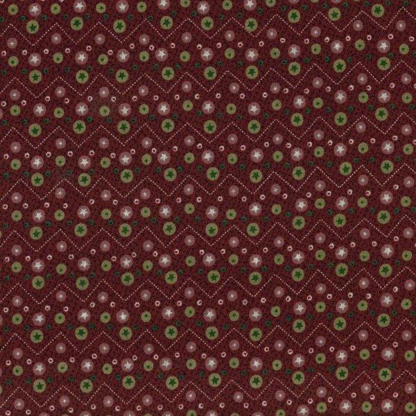 Frosty Friends - Merry & Bright - Cherry 3103-002 - dark red fabric with white and green stars scattered and chevron stripes