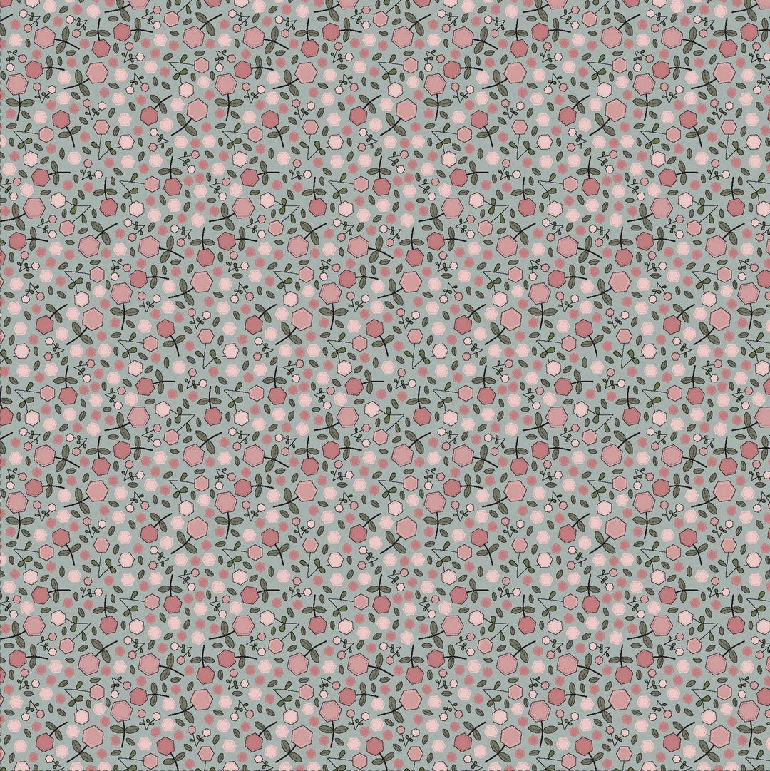 Garden Of Flowers 80870-15 - light blue cotton fabric with pink hexagon flowers scattered
