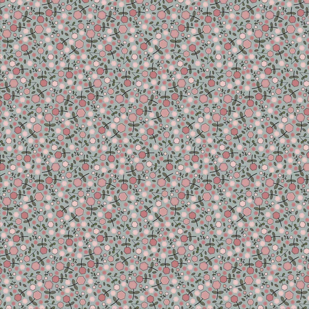 Garden Of Flowers 80870-15 - light blue cotton fabric with pink hexagon flowers scattered