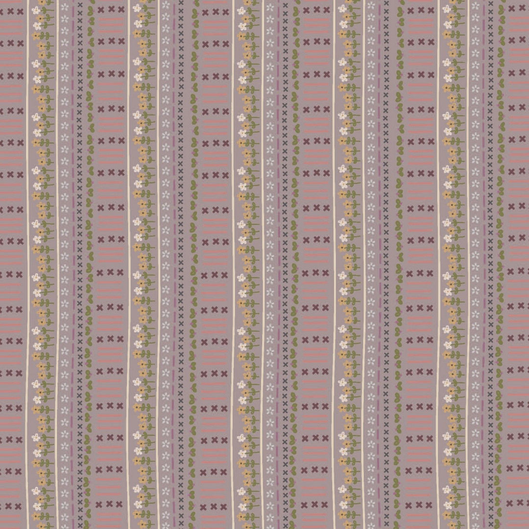 Garden Of Flowers 80870-14 - cotton lavender fabric border stripe with flowers and stitches