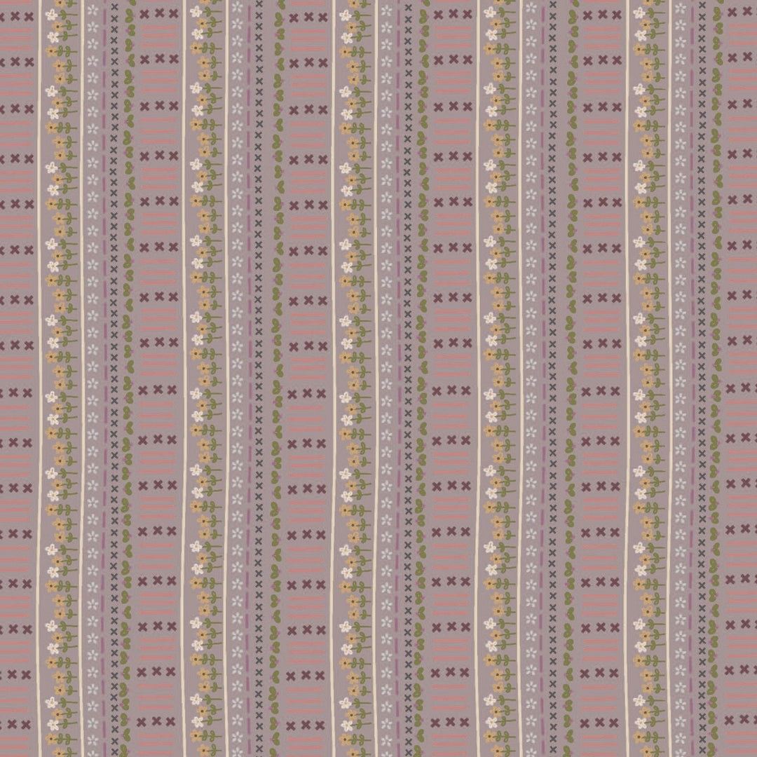 Garden Of Flowers 80870-14 - cotton lavender fabric border stripe with flowers and stitches