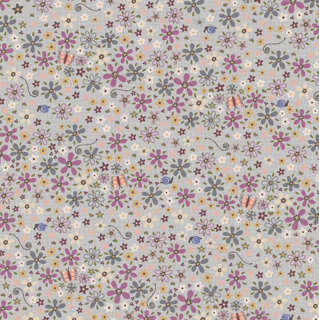 Garden Of Flowers 80870-5 - light blue cotton fabric with purple, green, yellow and white flowers as well as butterflies and snails all over