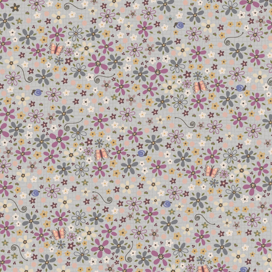 Garden Of Flowers 80870-5 - light blue cotton fabric with purple, green, yellow and white flowers as well as butterflies and snails all over